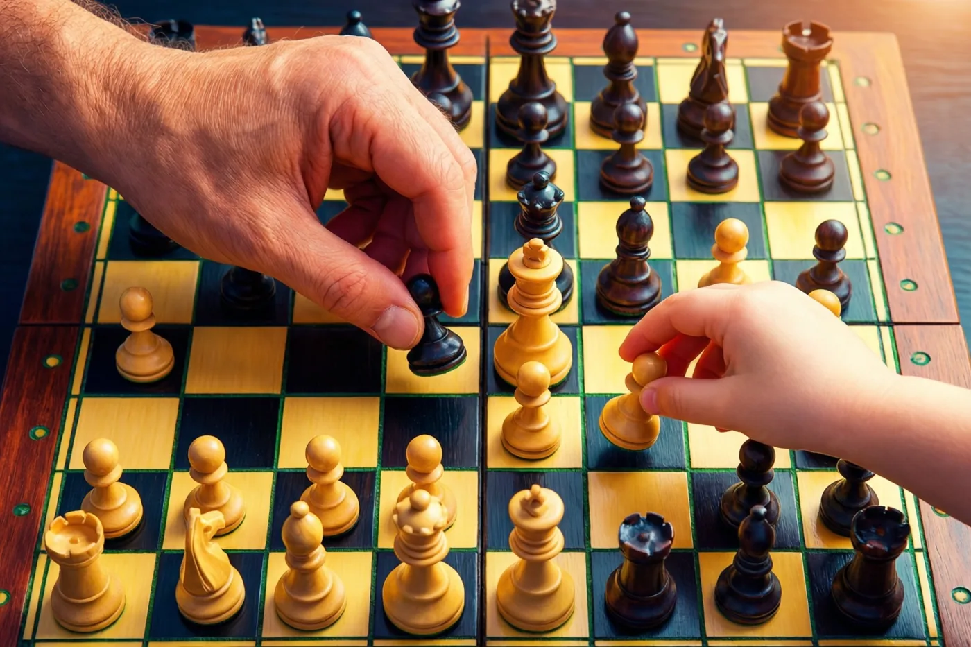 Een volwassen hand en een kinderhand reiken naar dezelfde zwarte pion op een houten schaakbord in warm licht.
