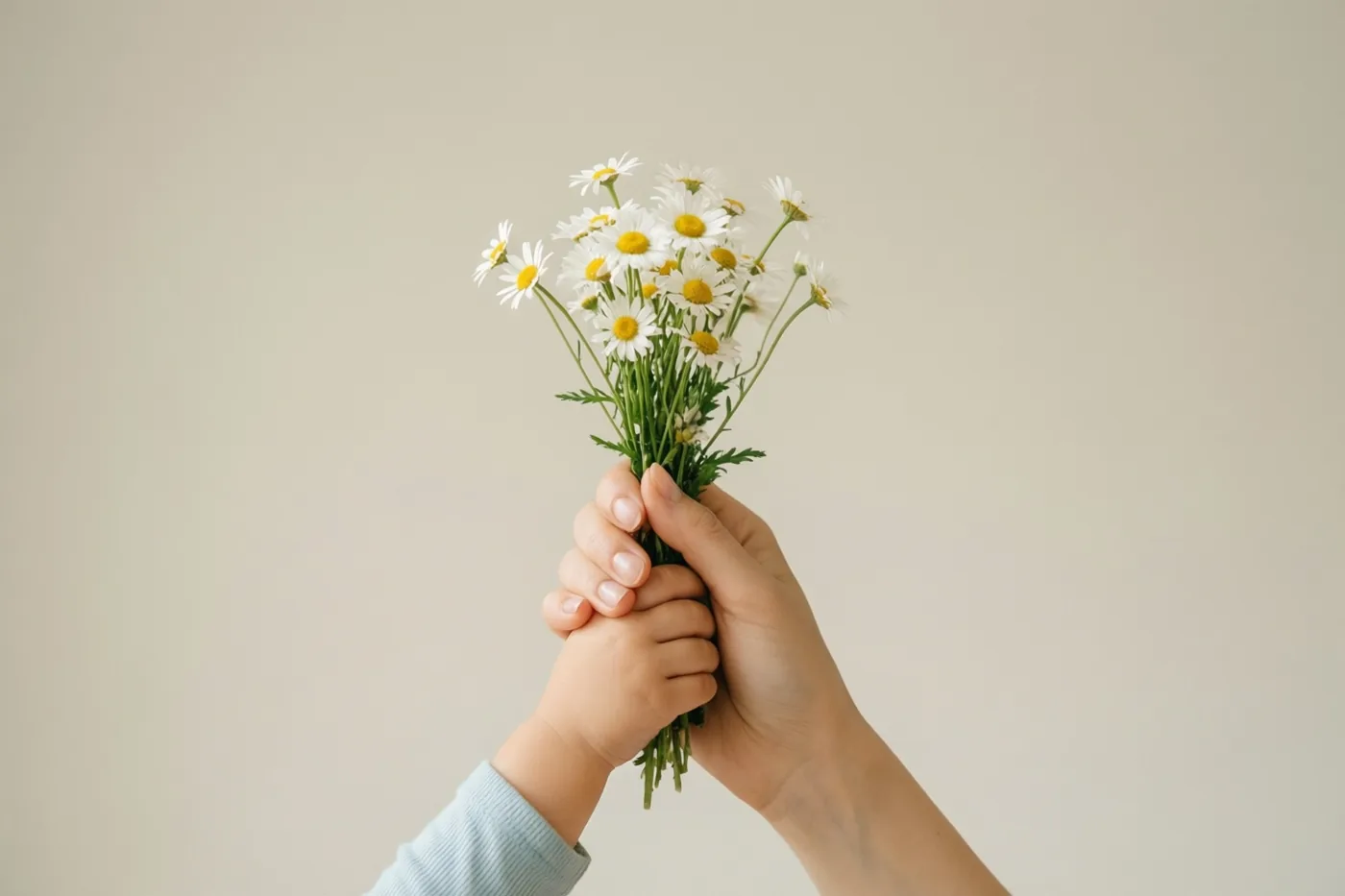 Een volwassen hand en een kinderhand houden samen een bosje witte madeliefjes met gele hartjes vast tegen een effen beige achtergrond.