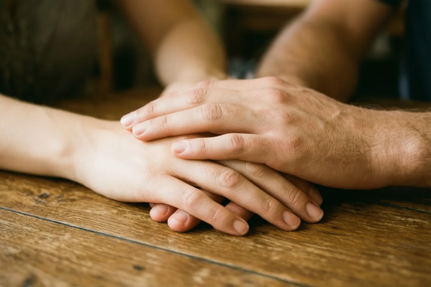 Een grotere en een kleinere hand rusten zacht op elkaar op een houten tafel, in warm en zacht licht.