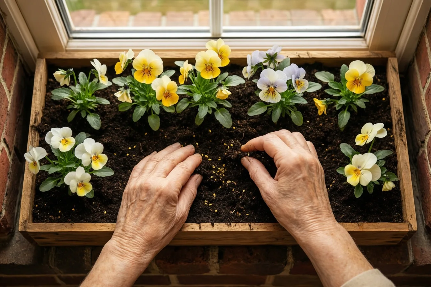 Van bovenaf zijn een oudere en een jongere hand te zien die viooltjes in donkere aarde planten in een houten bloembak op een bakstenen vensterbank, tussen gele en witte bloemen.
