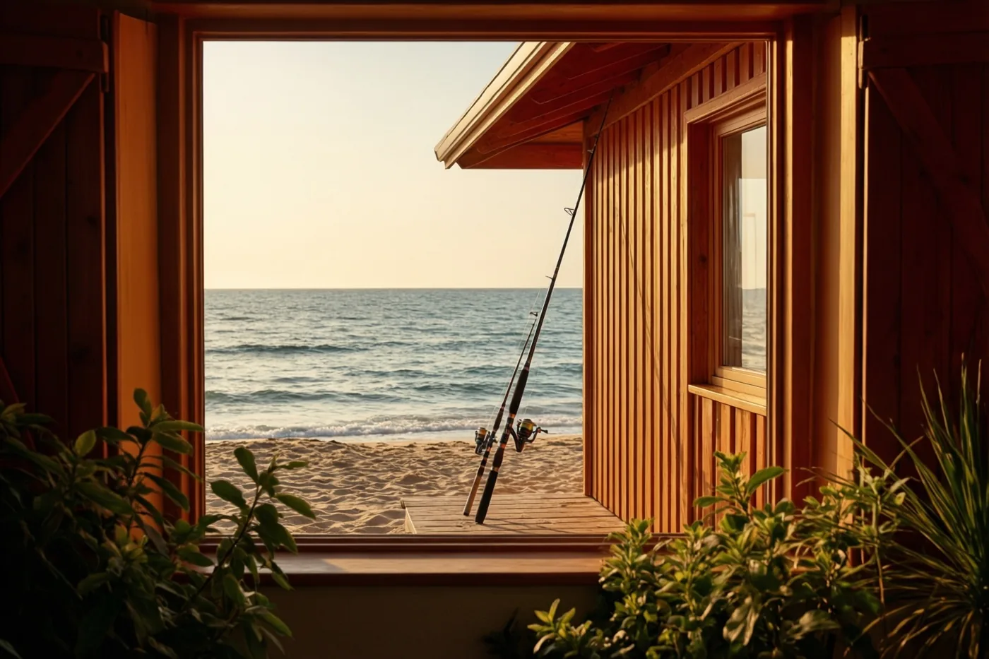 Vanuit een houten strandcabine zijn twee hengels te zien die op een houten terras tegen de wand leunen, met strand en zee daarachter in goudkleurig licht.