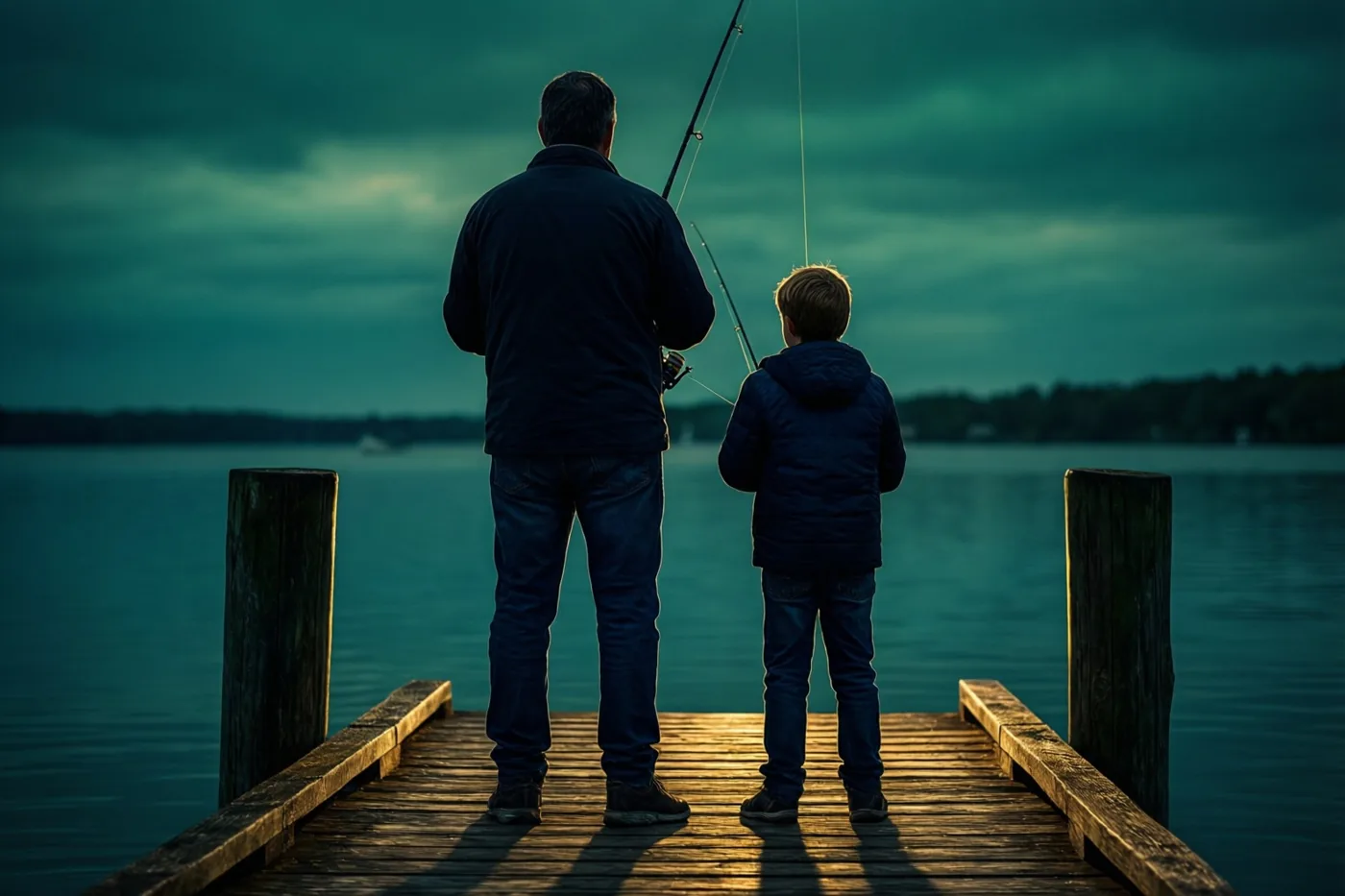 Een vader en zoon staan van achteren gezien te vissen op een houten steiger aan rustig water onder een bewolkte lucht, met goudkleurig licht op de planken.