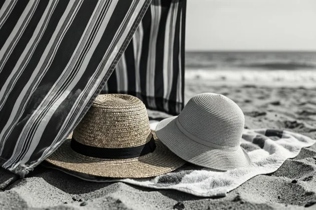 Een strohoed en een kinderzonnehoed liggen op een handdoek onder een gestreept windscherm op een zandstrand, in zwart-wit.