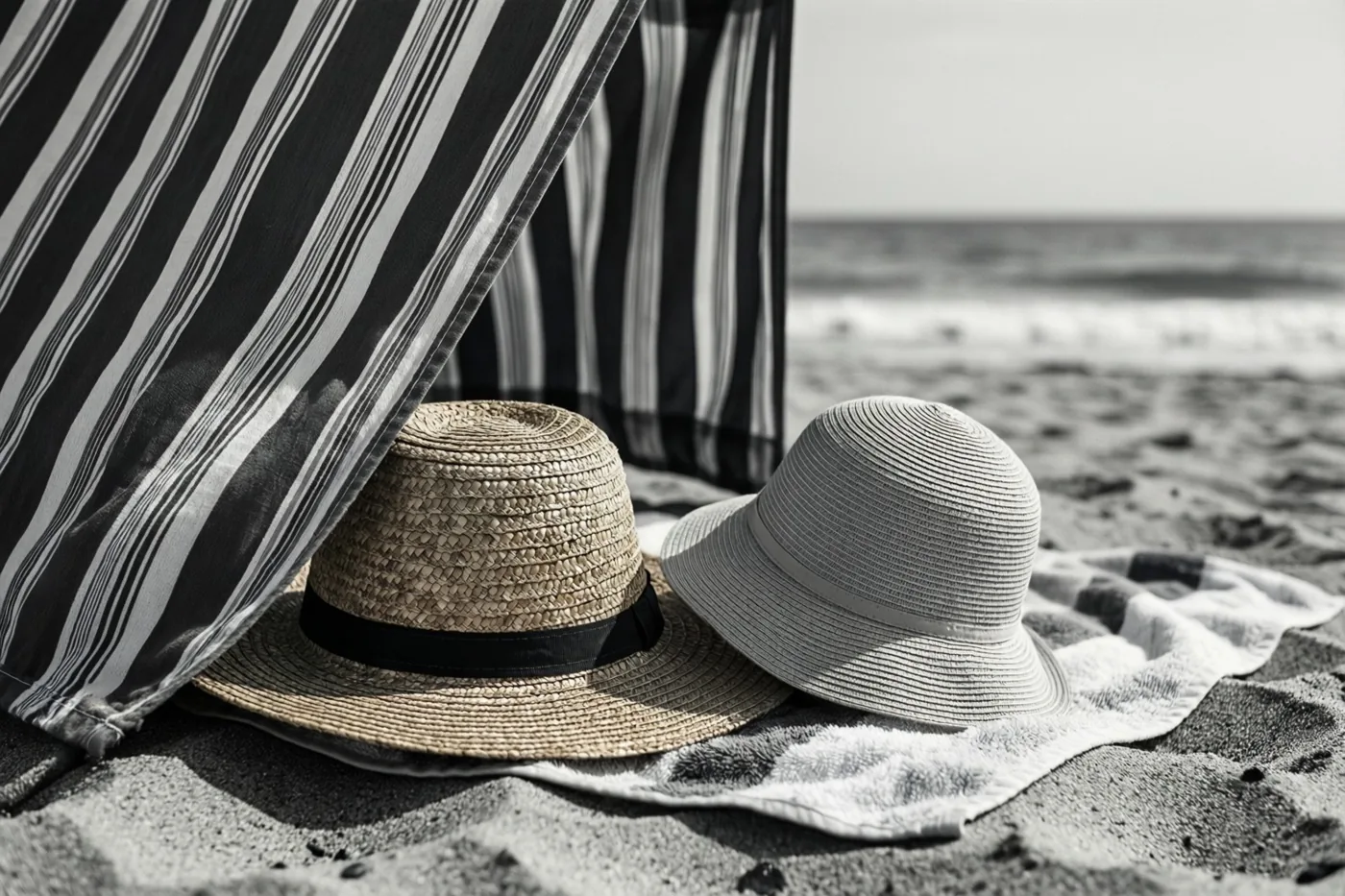 Een strohoed en een kinderzonnehoed liggen op een handdoek onder een gestreept windscherm op een zandstrand, in zwart-wit.