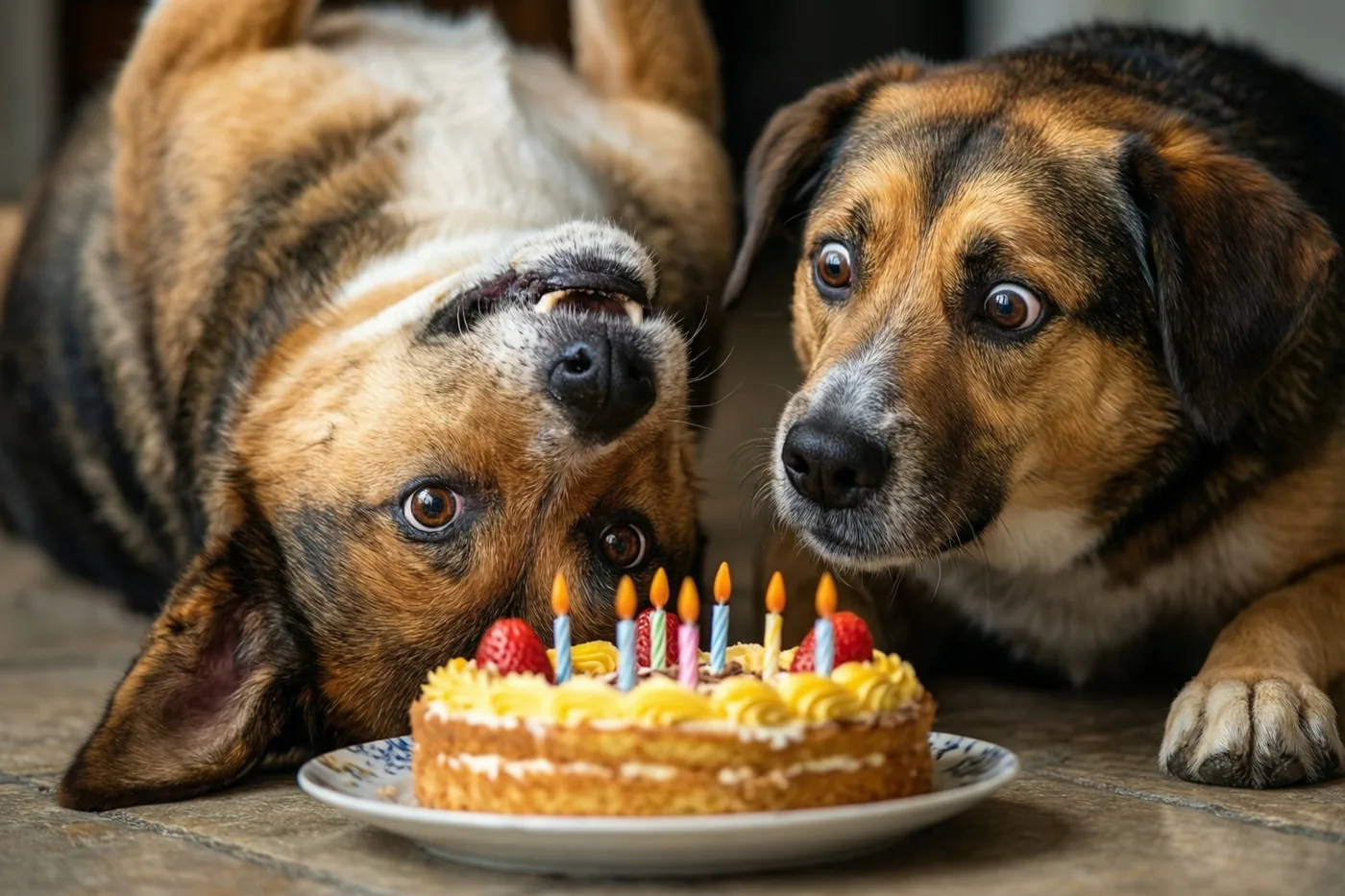 Twee honden kijken naar een verjaardagstaart met brandende kaarsen op de vloer, in een beeld met bruine, zwarte en gele tinten.