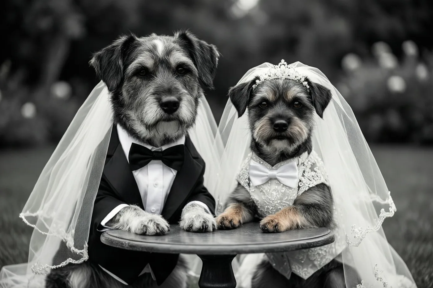 Op een zwart-witfoto zitten twee honden in trouwkledij naast elkaar aan een klein rond tafeltje.