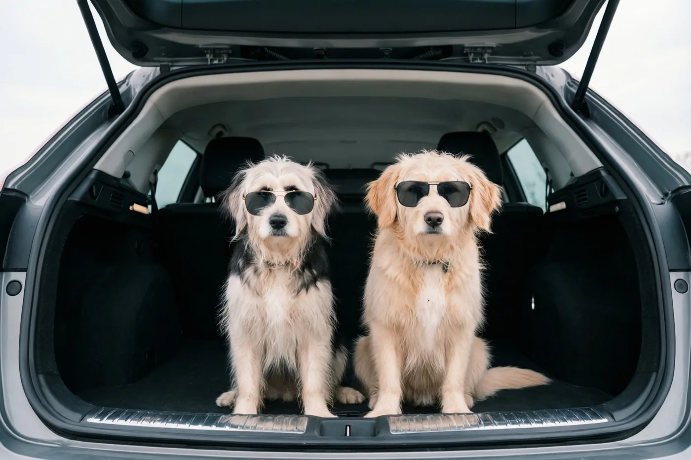 Twee honden met zonnebrillen zitten naast elkaar in een open autokoffer, in zwarte, beige en zilveren tinten.
