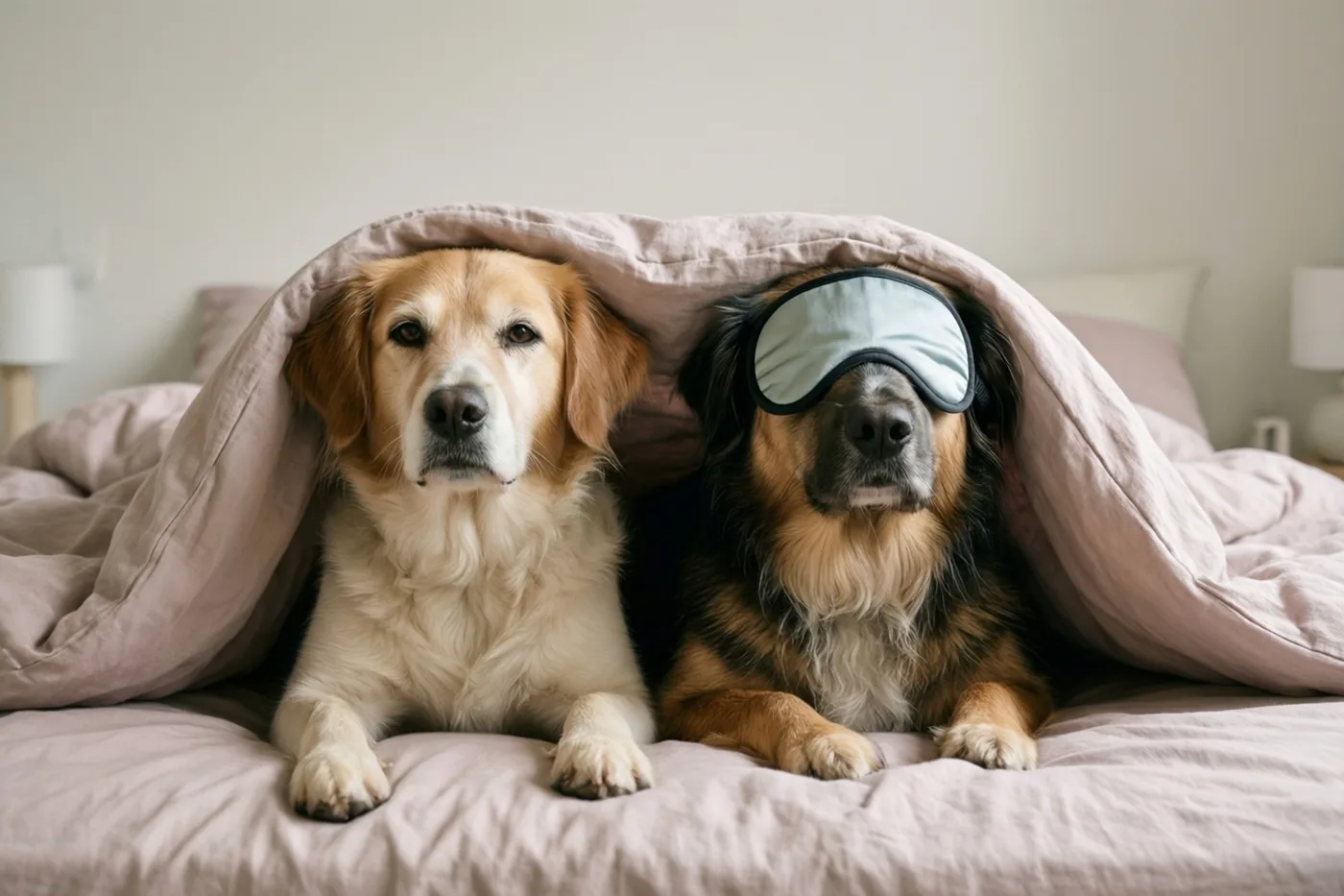 Twee honden liggen naast elkaar onder een roze dekbed, waarvan één met een lichtblauw slaapmasker, in een zacht verlichte slaapkamer.