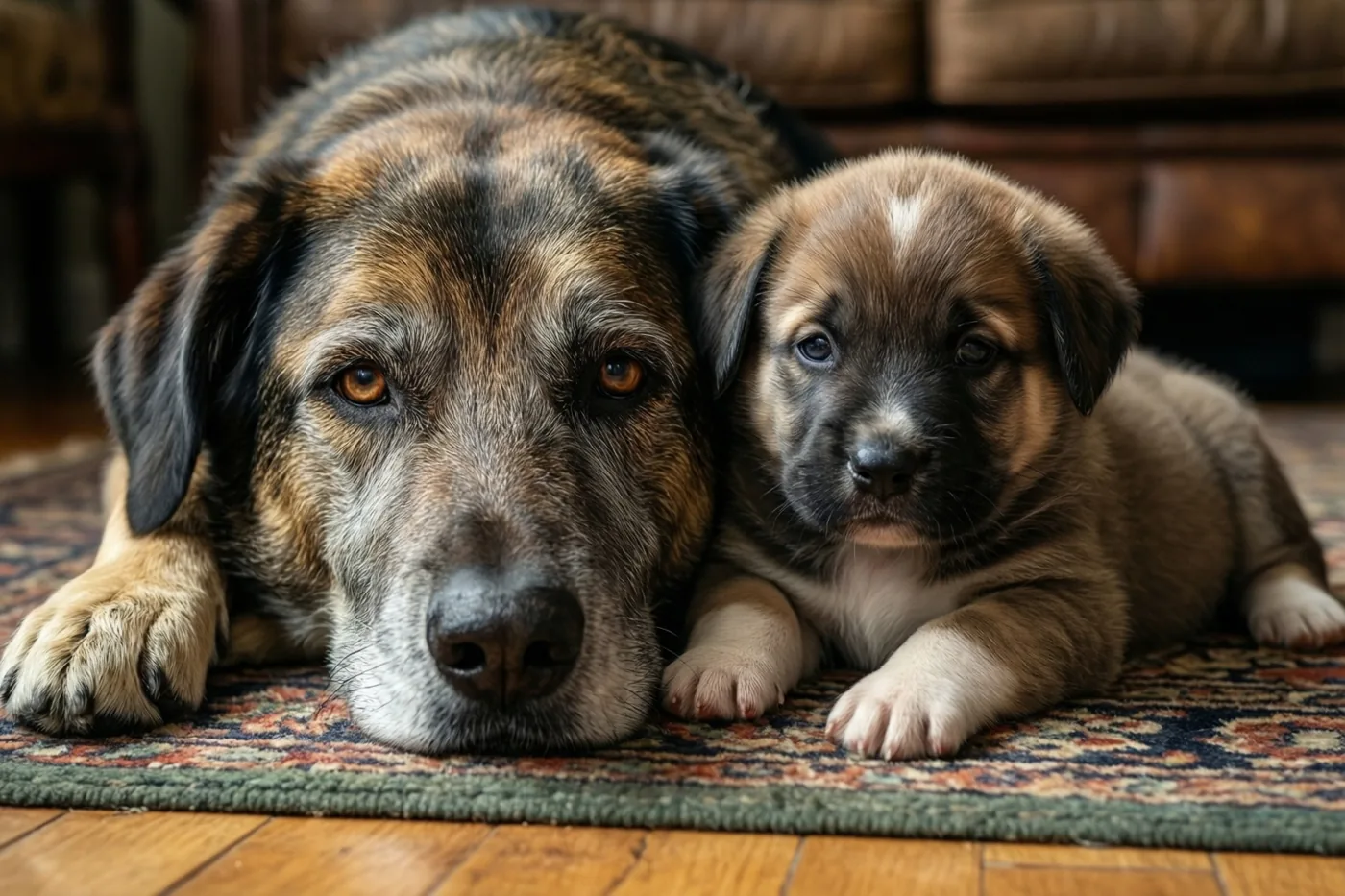 Een volwassen hond en een kleine puppy liggen naast elkaar op een vloerkleed met een patroon in warm, zacht licht.