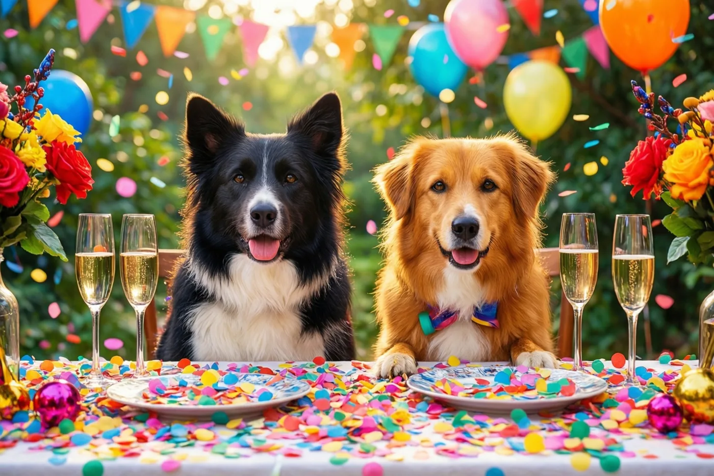 Een zwart-witte bordercollie en een golden retriever met een strikje zitten buiten aan een tafel met kleurrijke confetti en champagneglazen, tussen ballonnen en vlaggetjes.