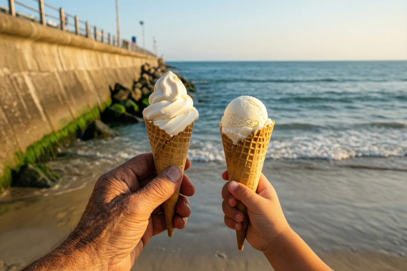 Een volwassen hand en een kinderhand houden ijshoorntjes vast met een zeedijk en de zee op de achtergrond, in goudkleurig licht bij zonsondergang.