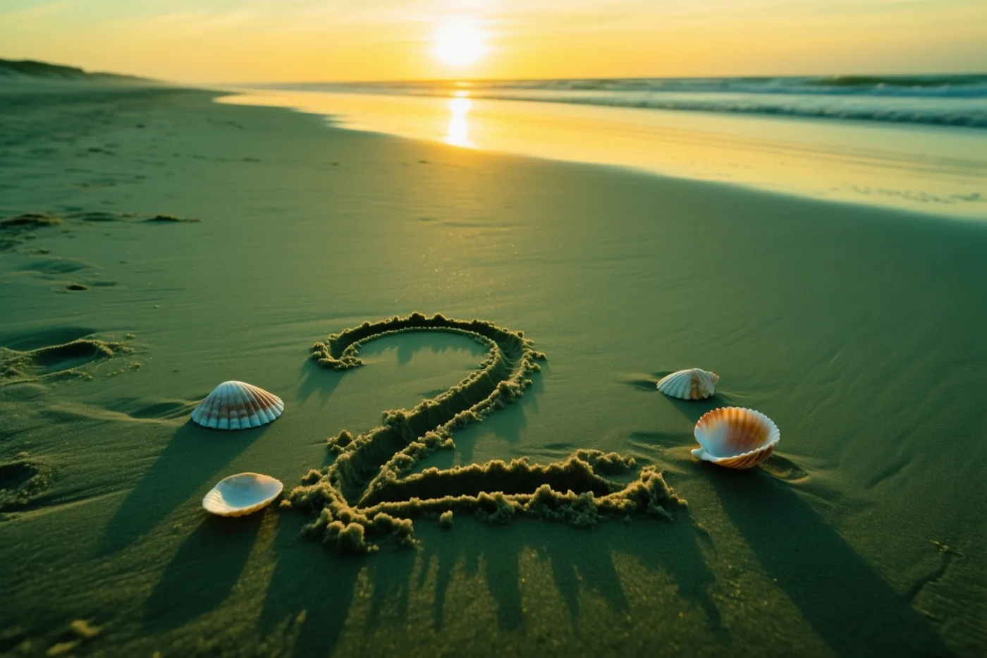 Een cijfer 2 is in het strandzand getekend tussen schelpen, in het goudgele en oranje licht van de ondergaande zon.