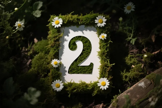 Een uitgesneden cijfer 2 staat in een met mos bedekt kader met witte madeliefjes, in een landelijke tuin bij zacht licht.