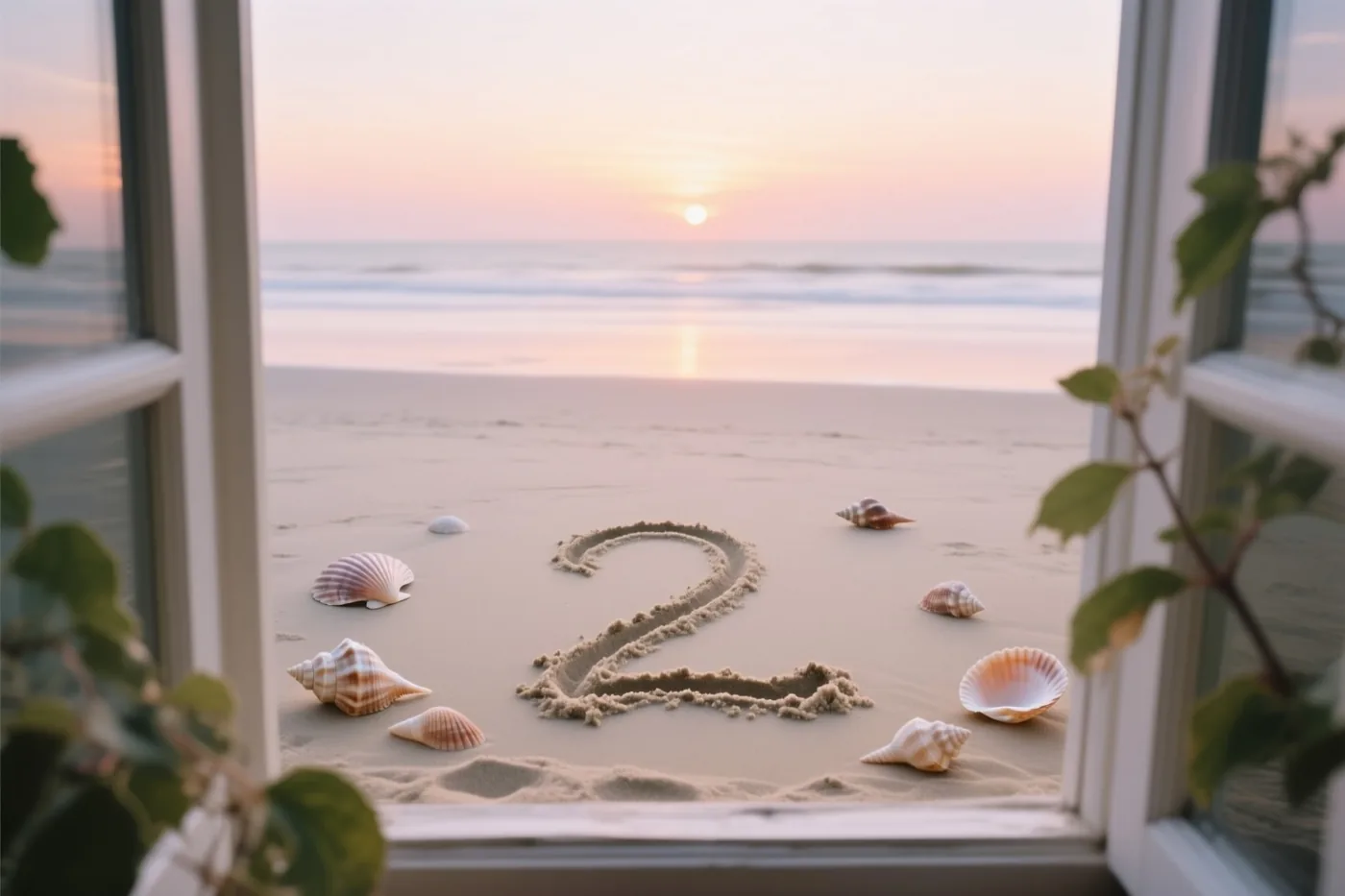 Door een open raam met groene bladeren is het cijfer 2 te zien in strandzand tussen schelpen, onder een roze-oranje lucht bij zonsondergang.