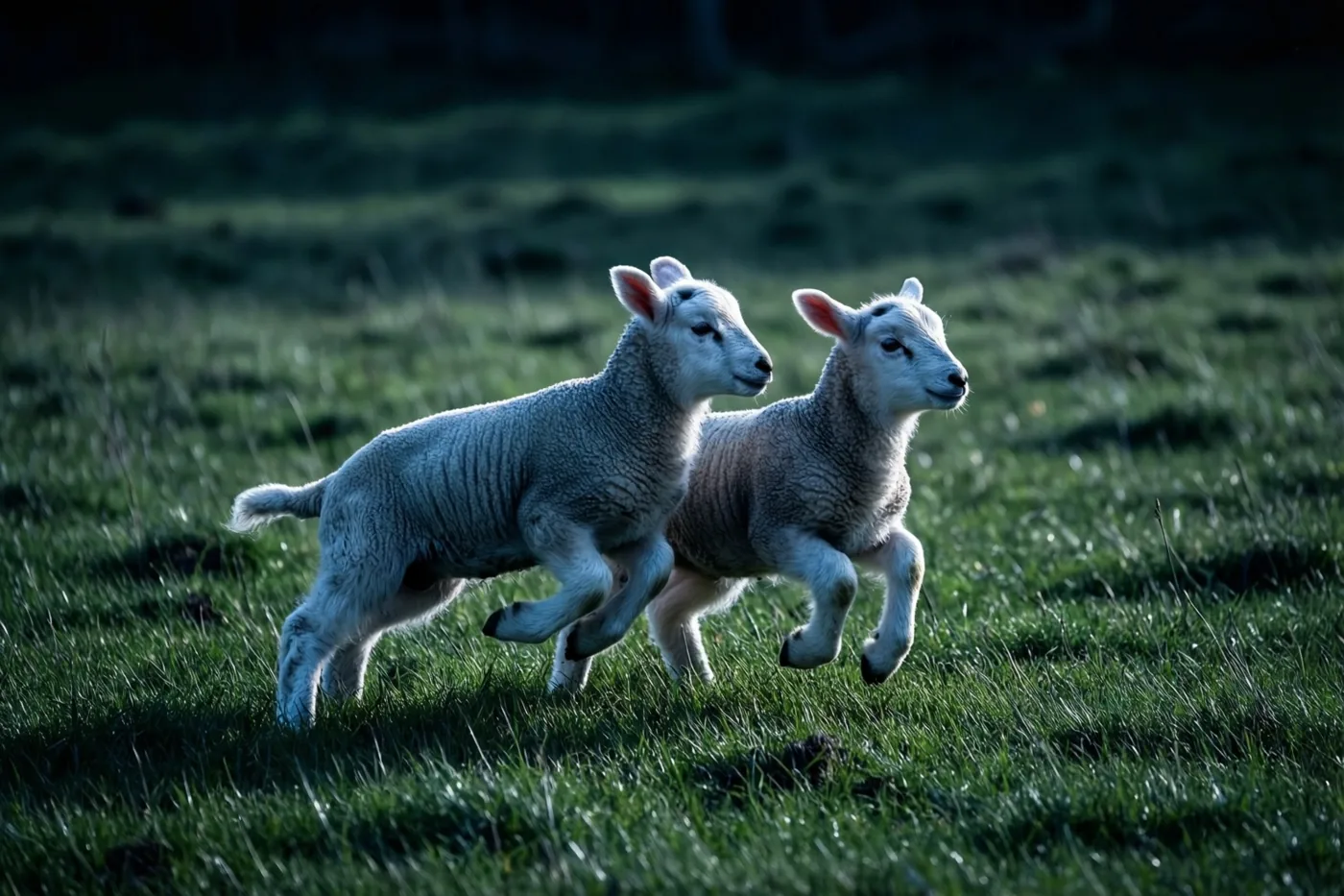 Twee jonge lammetjes zijn midden in een sprong te zien in een heldergroene weide met zacht natuurlijk licht.