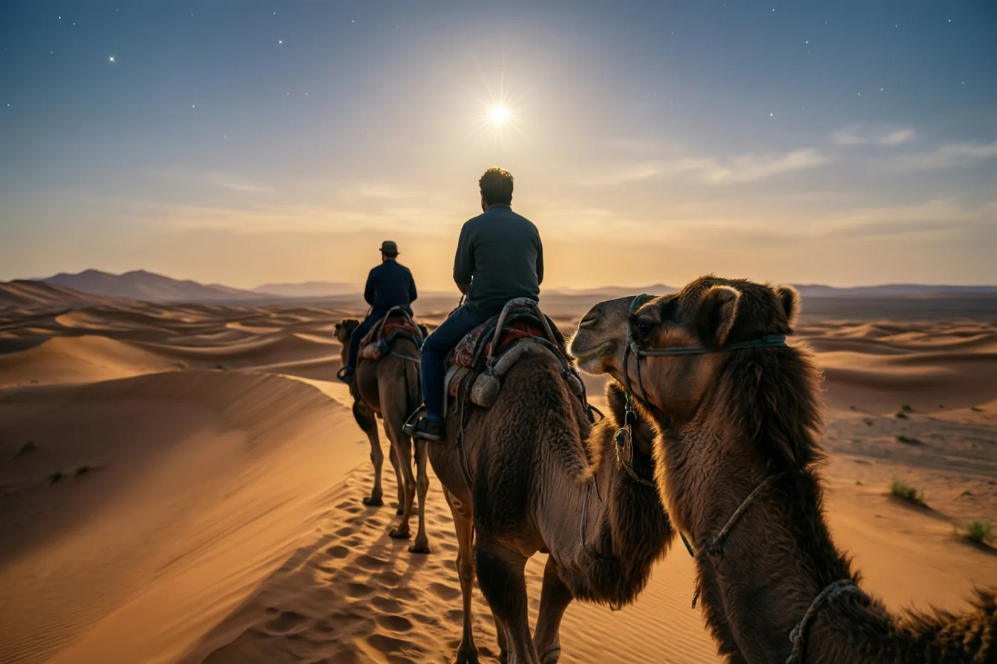 Twee ruiters op kamelen trekken van achteren gezien over gouden duinen in de schemering, onder een blauw-oranje lucht met een heldere ster.