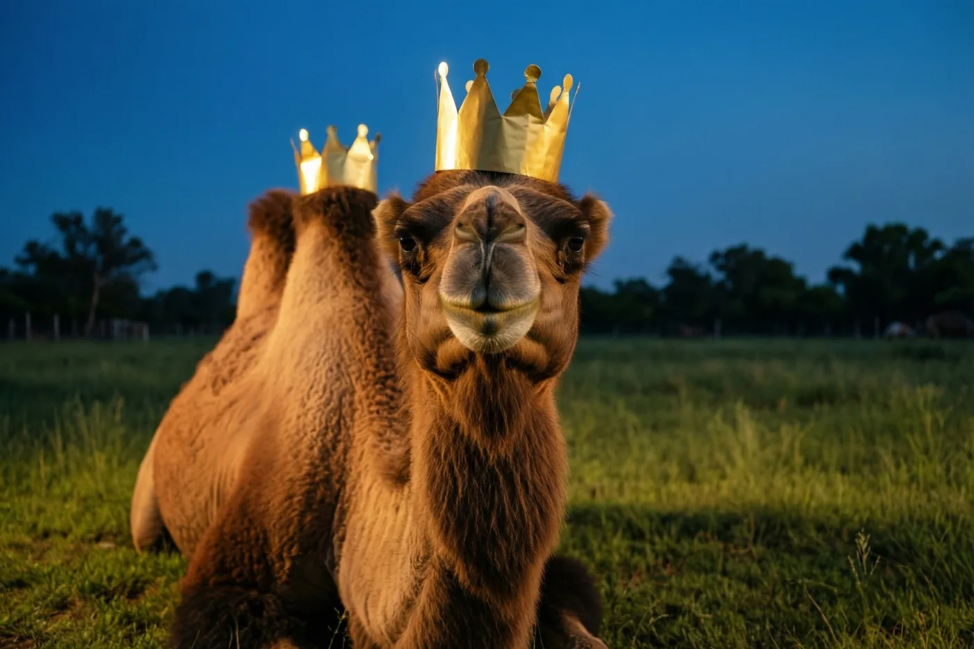 Twee kamelen zitten bij schemering in een grasweide met elk een goudkleurige papieren kroon op hun bult, in warm licht onder een diepblauwe hemel.