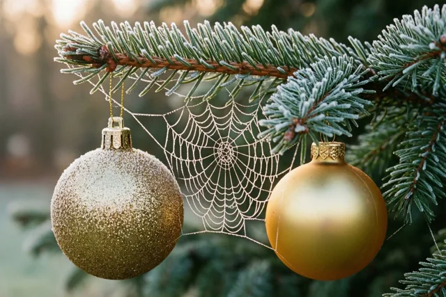 Twee kerstballen tussen winterdraden