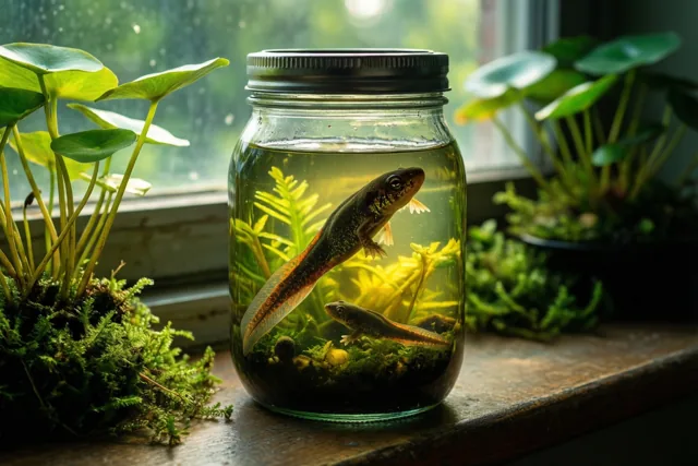 Twee kikkervisjes zwemmen in een glazen pot met waterplanten op een houten vensterbank naast mos en vijverplanten.
