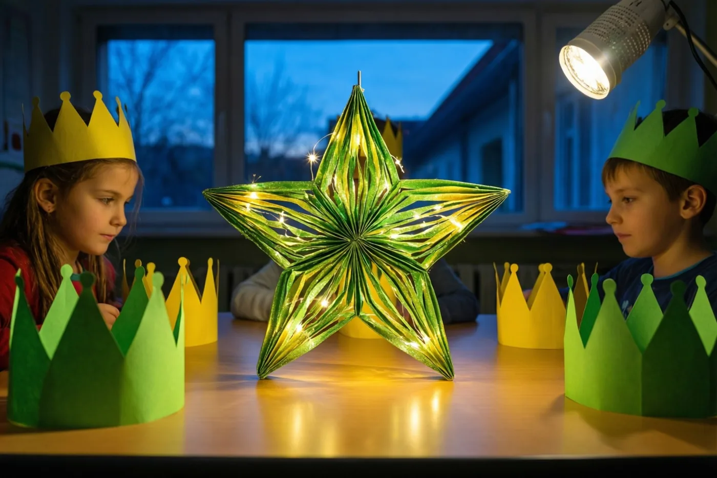 Twee kinderen met papieren kronen zitten aan een tafel en kijken naar een grote glinsterende groene papieren ster met lichtjes, bij een raam in de schemering en een brandende bureaulamp.