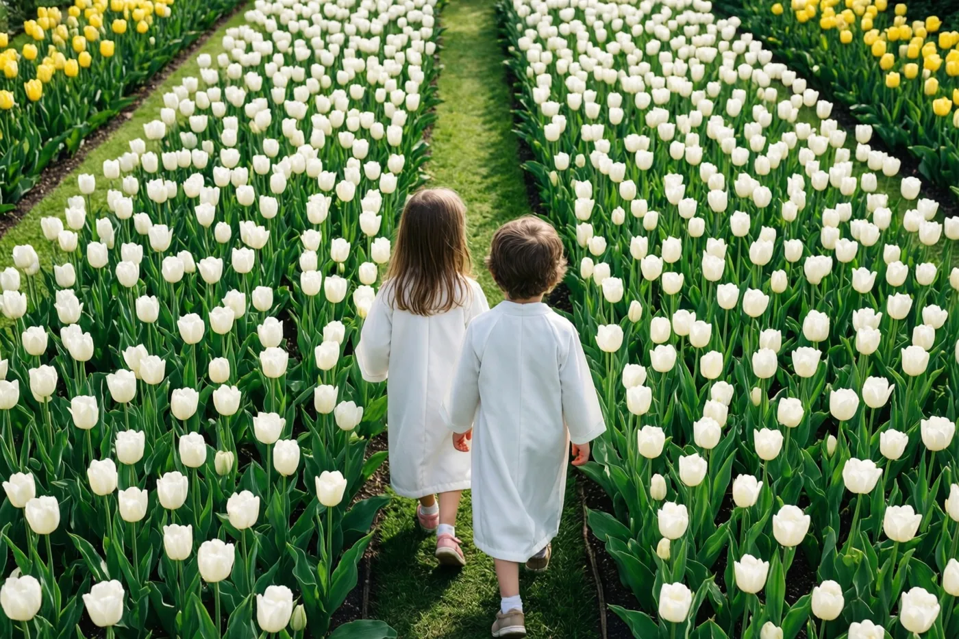 Twee kinderen in witte gewaden lopen van de camera weg over een graspad tussen rijen bloeiende witte tulpen en groen blad.