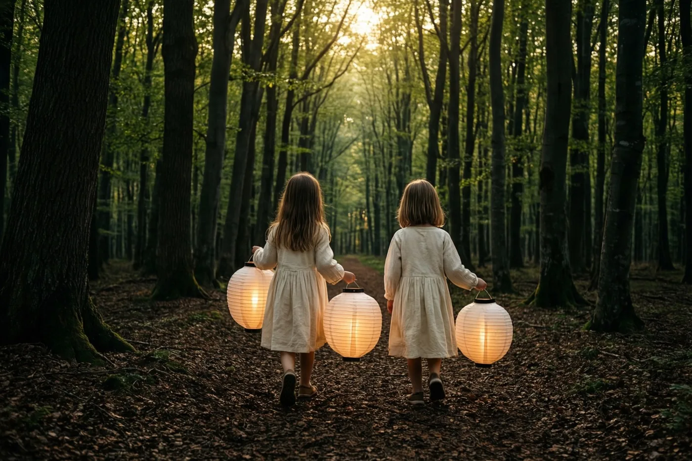 Twee kinderen in witte jurken lopen met hun rug naar de kijker door een dicht beukenbos, elk met een brandende papieren lantaarn in het gouden licht.