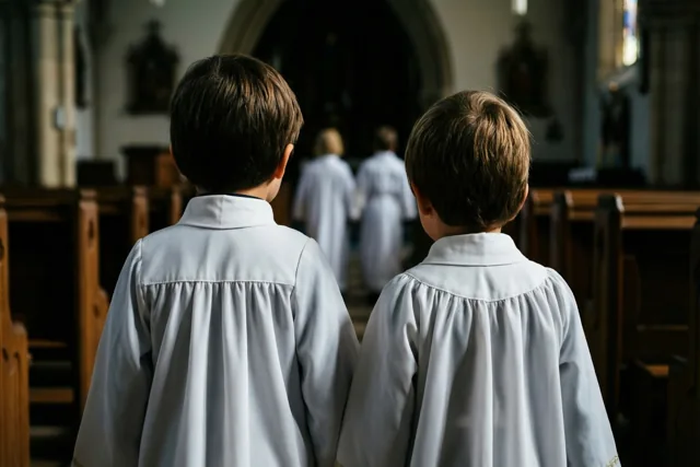 Twee jonge kinderen in witte gewaden lopen met de rug naar de kijker door het gangpad van een kerk naar het altaar in zacht daglicht.