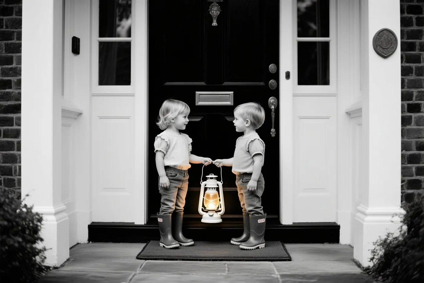 Twee jonge kinderen in rubberlaarzen staan op een drempel voor een zwarte deur met witte omlijsting, met tussen hen een lantaarn die warm oplicht in een zwart-witbeeld.