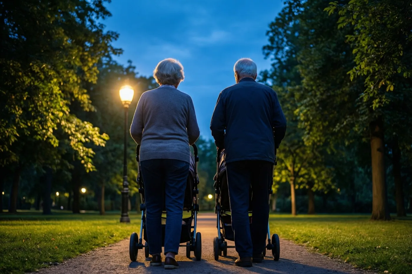 Een ouder koppel duwt elk een kinderwagen over een verhard parkpad bij schemering, onder het warme licht van een straatlamp.