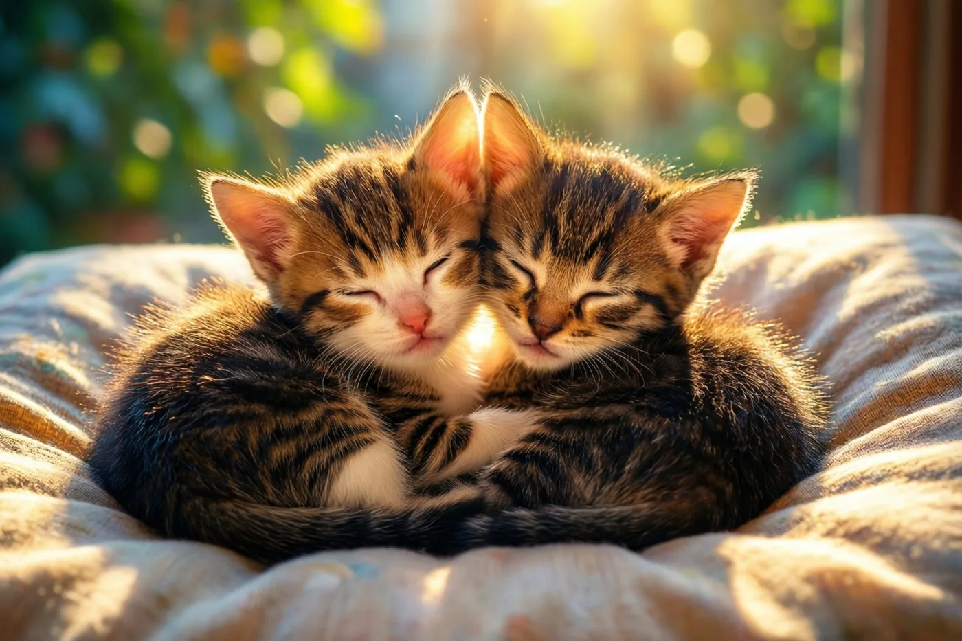 Twee gestreepte kittens liggen tegen elkaar gekruld op een zacht kussen in het gouden ochtendlicht dat door een raam naar binnen valt.