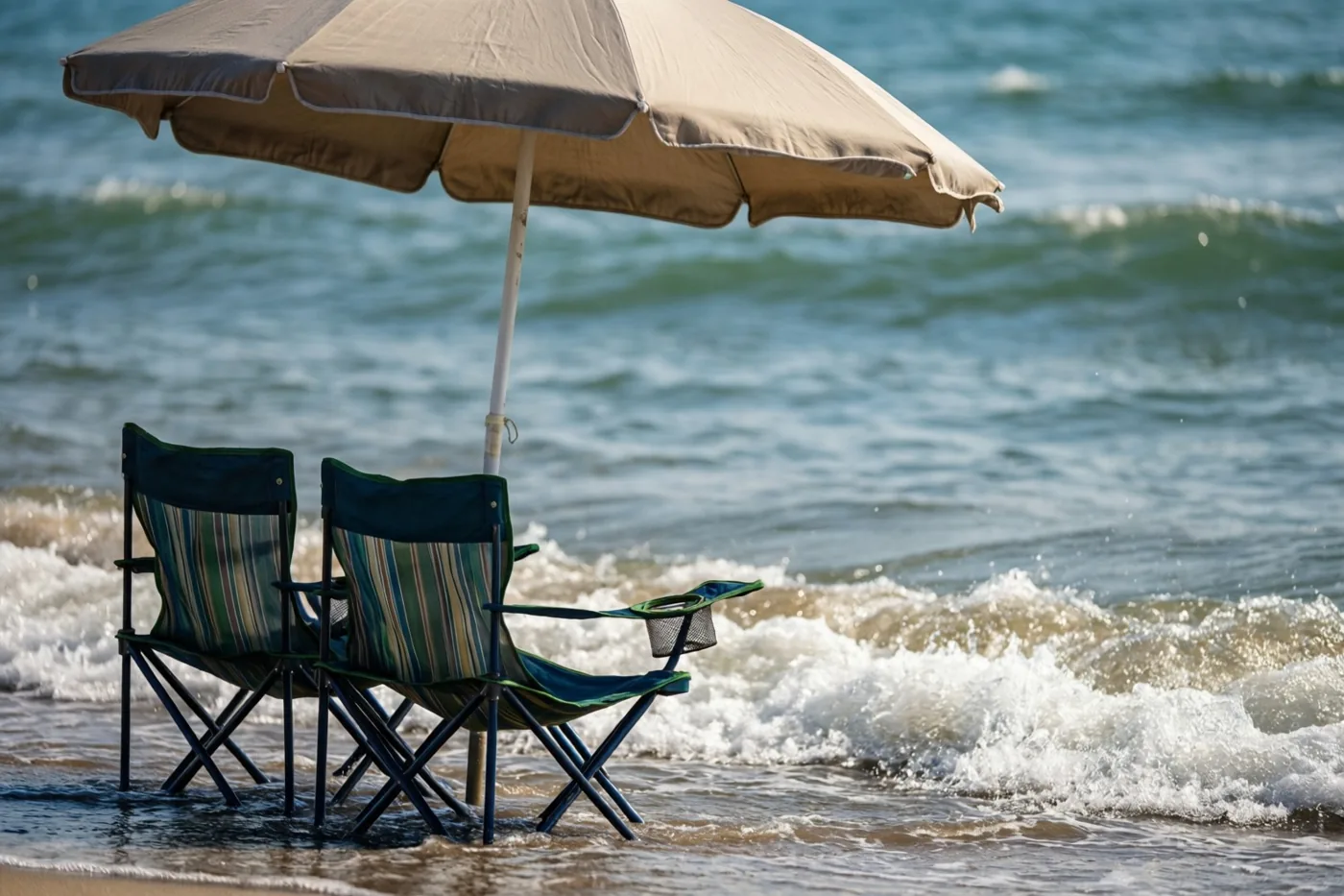 Twee klapstoelen en een parasol staan aan de waterlijn waar zachte golven aanrollen, in blauwe, beige en groene tinten.