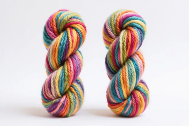 Twee gedraaide strengen veelkleurig garen met roze, oranje, blauwgroene en groene tinten zijn van dichtbij te zien tegen een witte achtergrond.