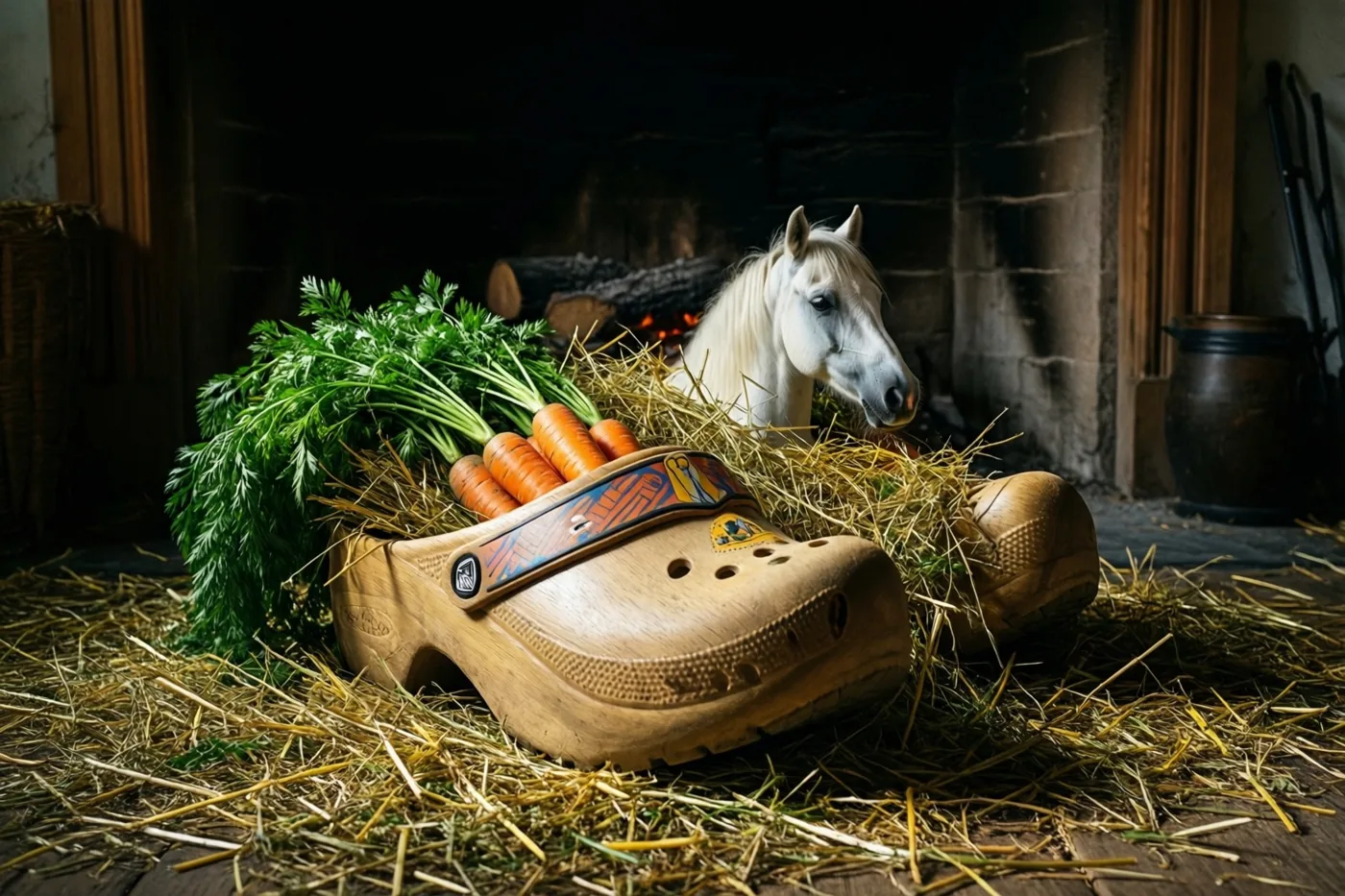 Twee houten klompen gevuld met hooi en wortels staan bij een haard, met een wit paardenbeeldje tussen het hooi.