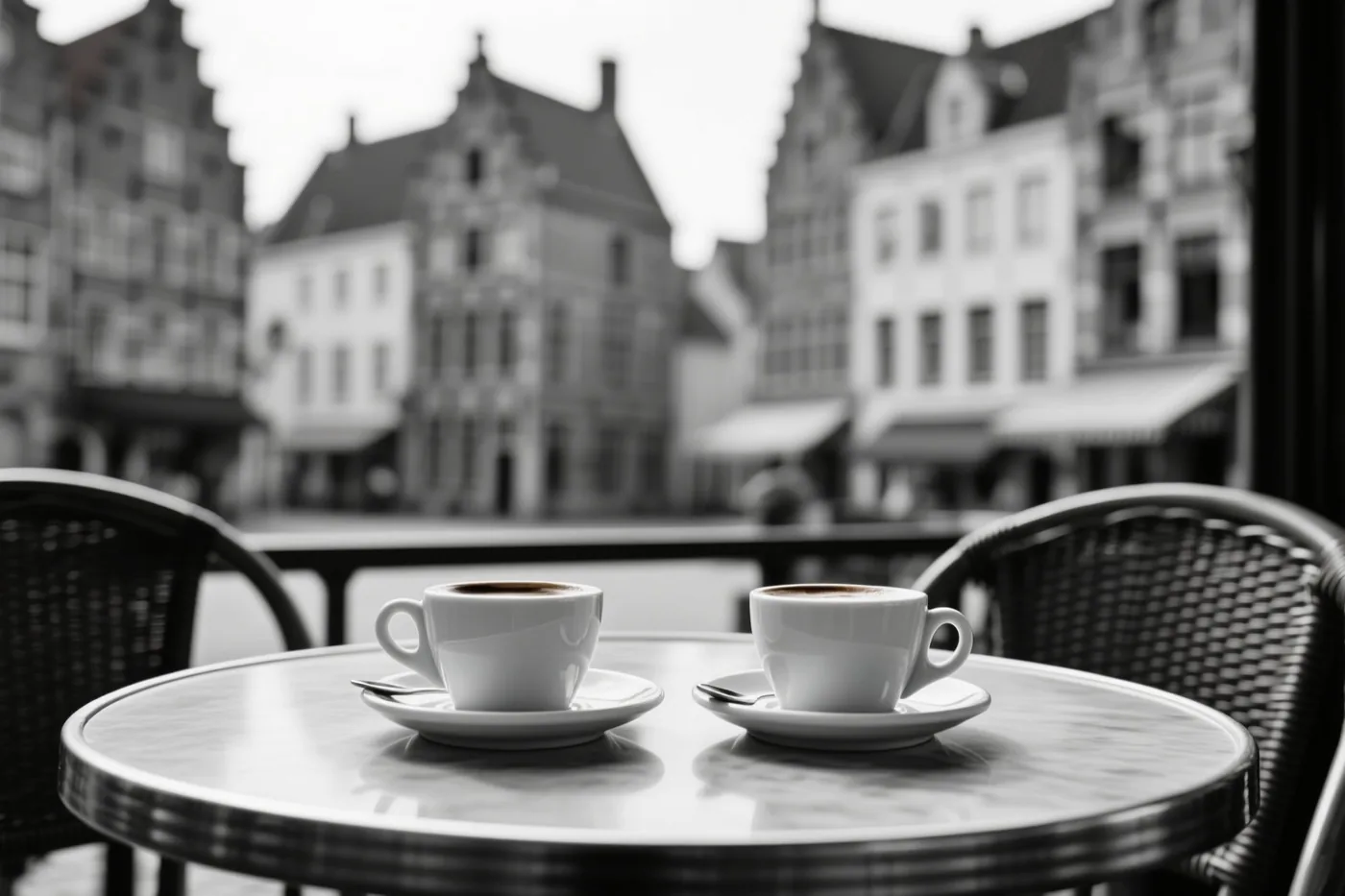 Twee witte koffiekopjes staan op een ronde cafétafel met onscherpe historische Vlaamse gebouwen op de achtergrond op een zwart-witfoto.