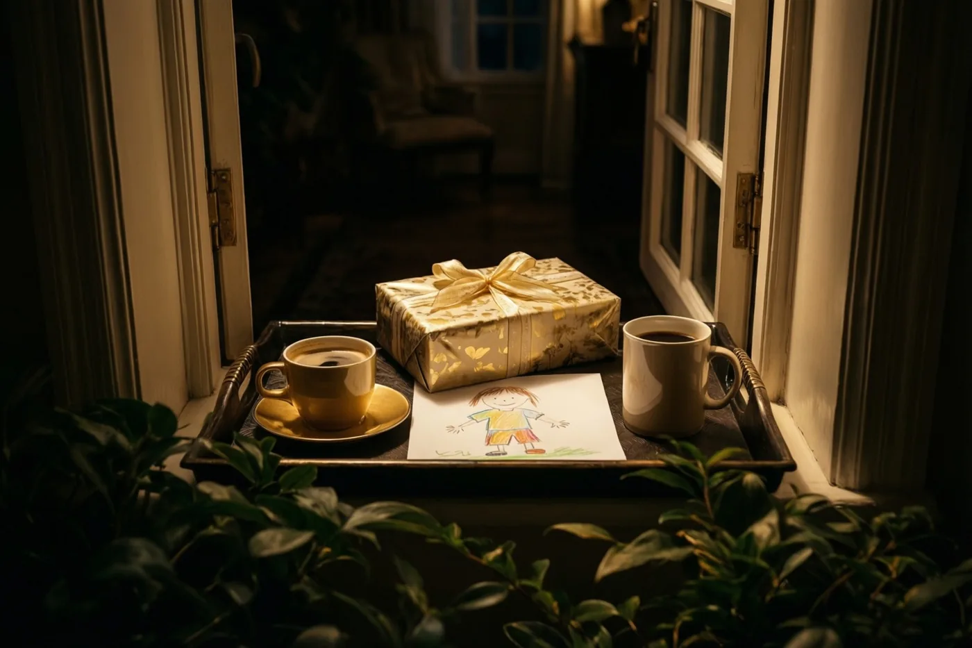 Een ontbijtdienblad met een ingepakt cadeau, een kindertekening en twee mokken koffie staat op een vensterbank, met groene planten vooraan en een schemerig interieur achter het open raam.