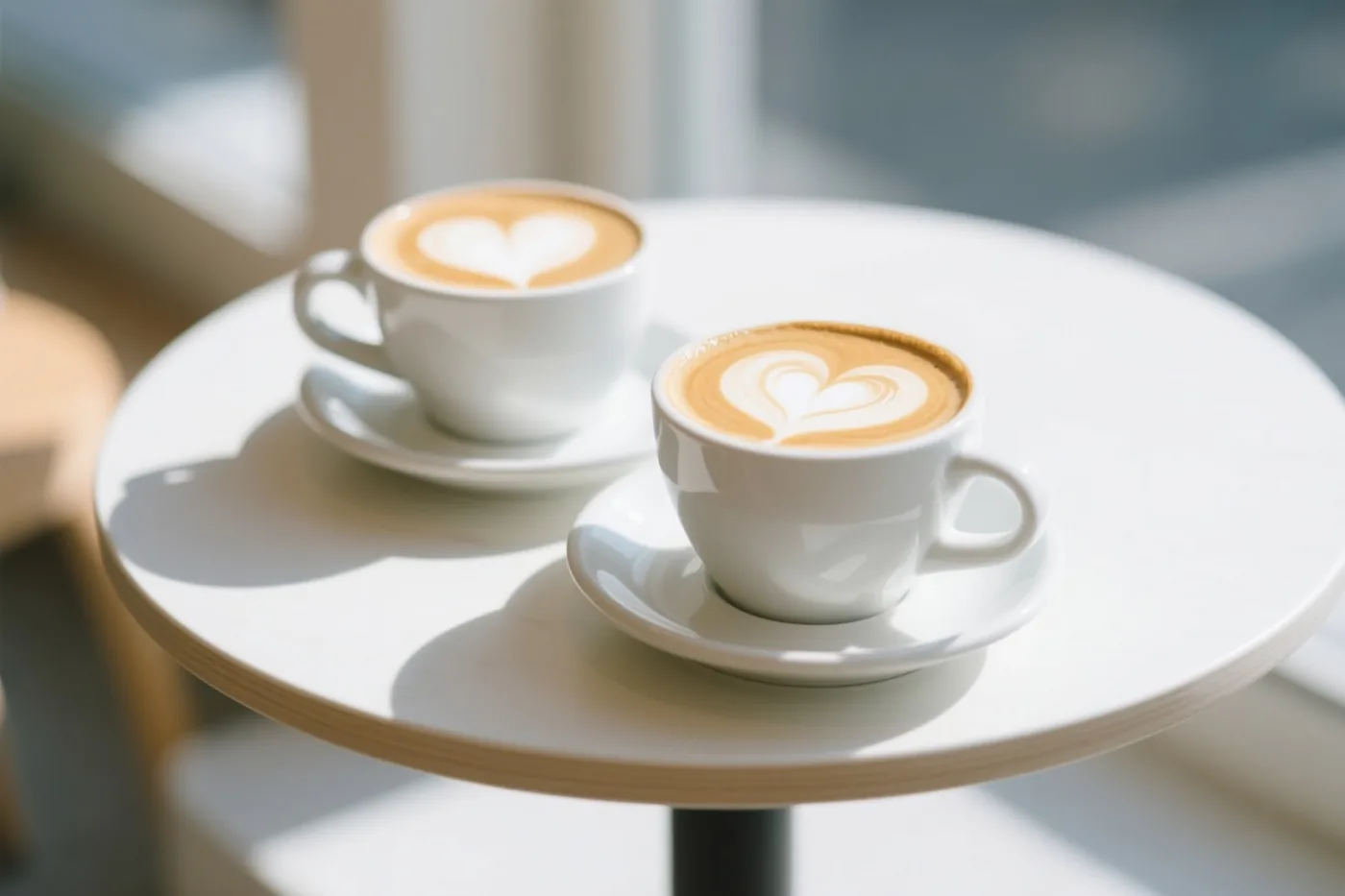 Twee witte koffiekopjes met hartjes in het melkschuim staan op bijpassende schoteltjes op een klein rond wit tafeltje in zacht daglicht.