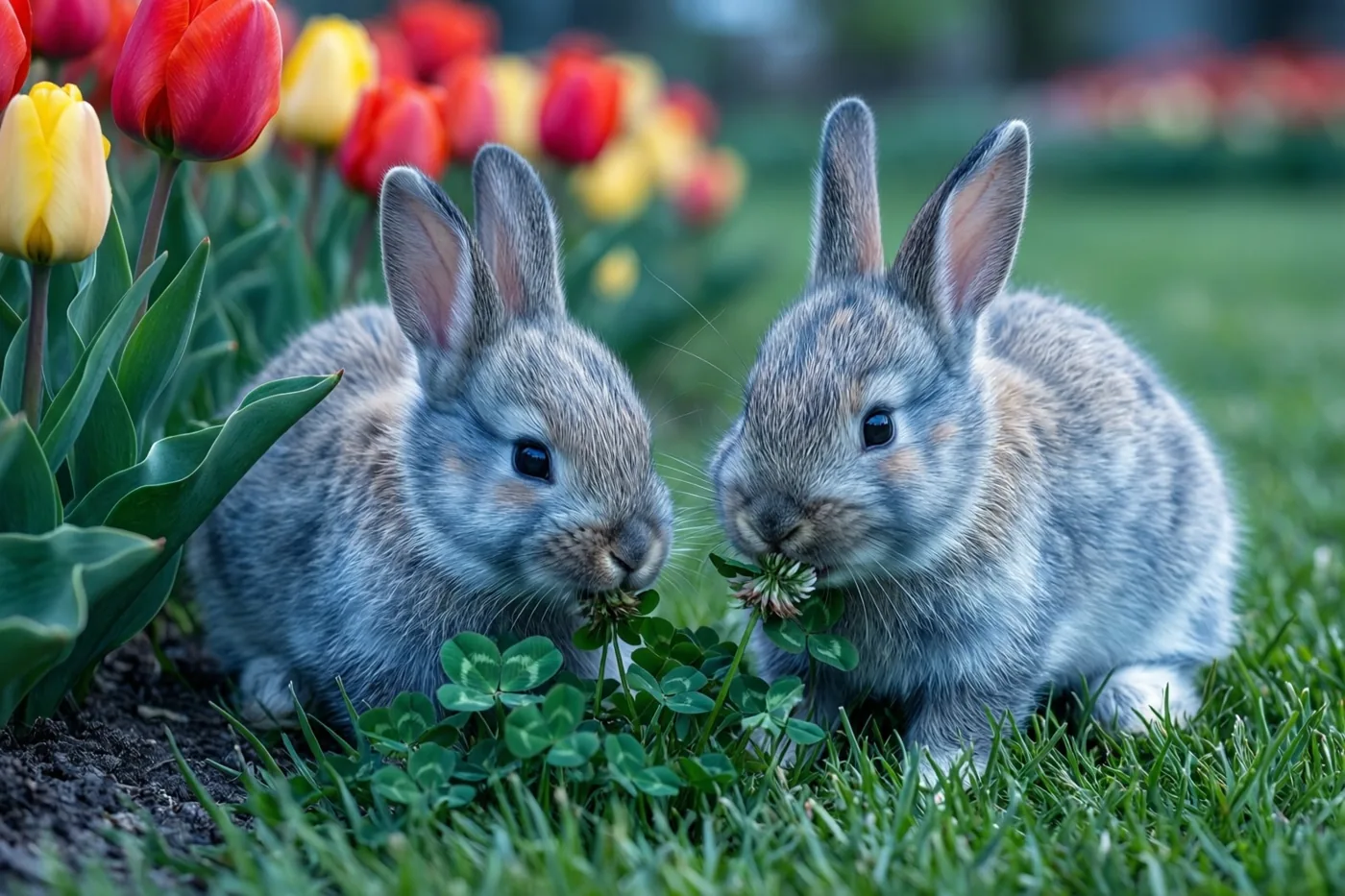 Twee jonge konijnen eten klaver op een groen gazon naast rode en gele tulpen, met een onscherpe achtergrond.
