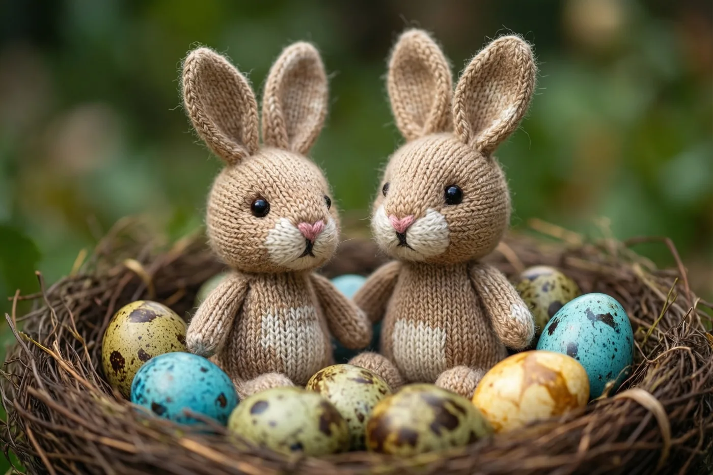Twee kleine gebreide speelgoedkonijntjes zitten in een gevlochten nest met kleurrijke gespikkelde eieren tegen een zachtgroene achtergrond.