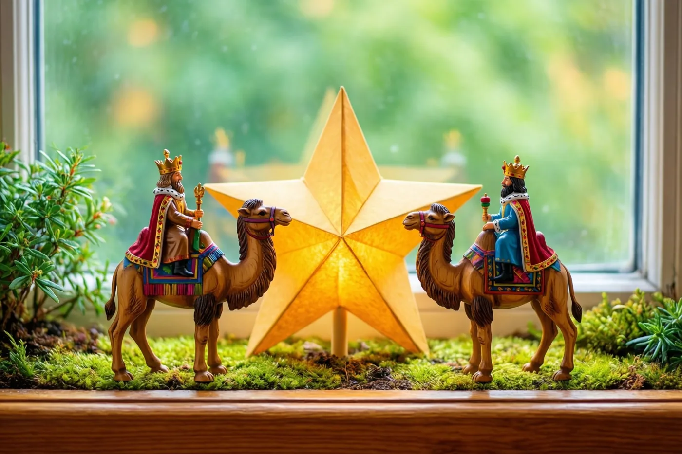 Twee houten miniatuurfiguurtjes van koningen op kamelen staan tegenover elkaar op een vensterbank onder een lichtgevende papieren ster, met een wazige groene buitenachtergrond, mos en kleine planten.