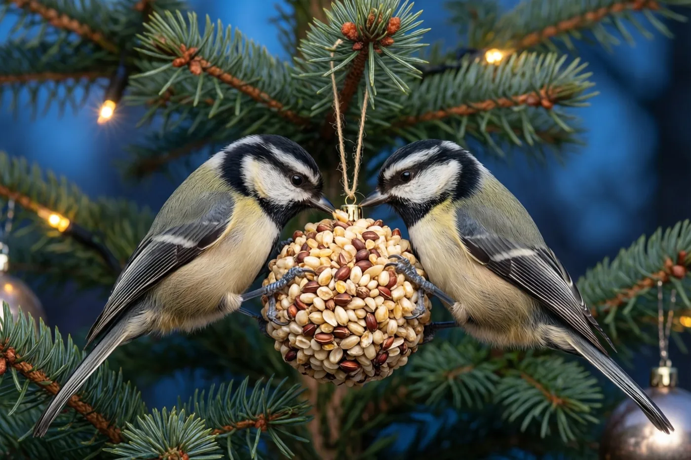 Twee koolmezen zitten in een versierde spar en pikken aan een ronde zaadbol die als kerstversiering hangt, met warme lichtjes tegen een donkerblauwe achtergrond.