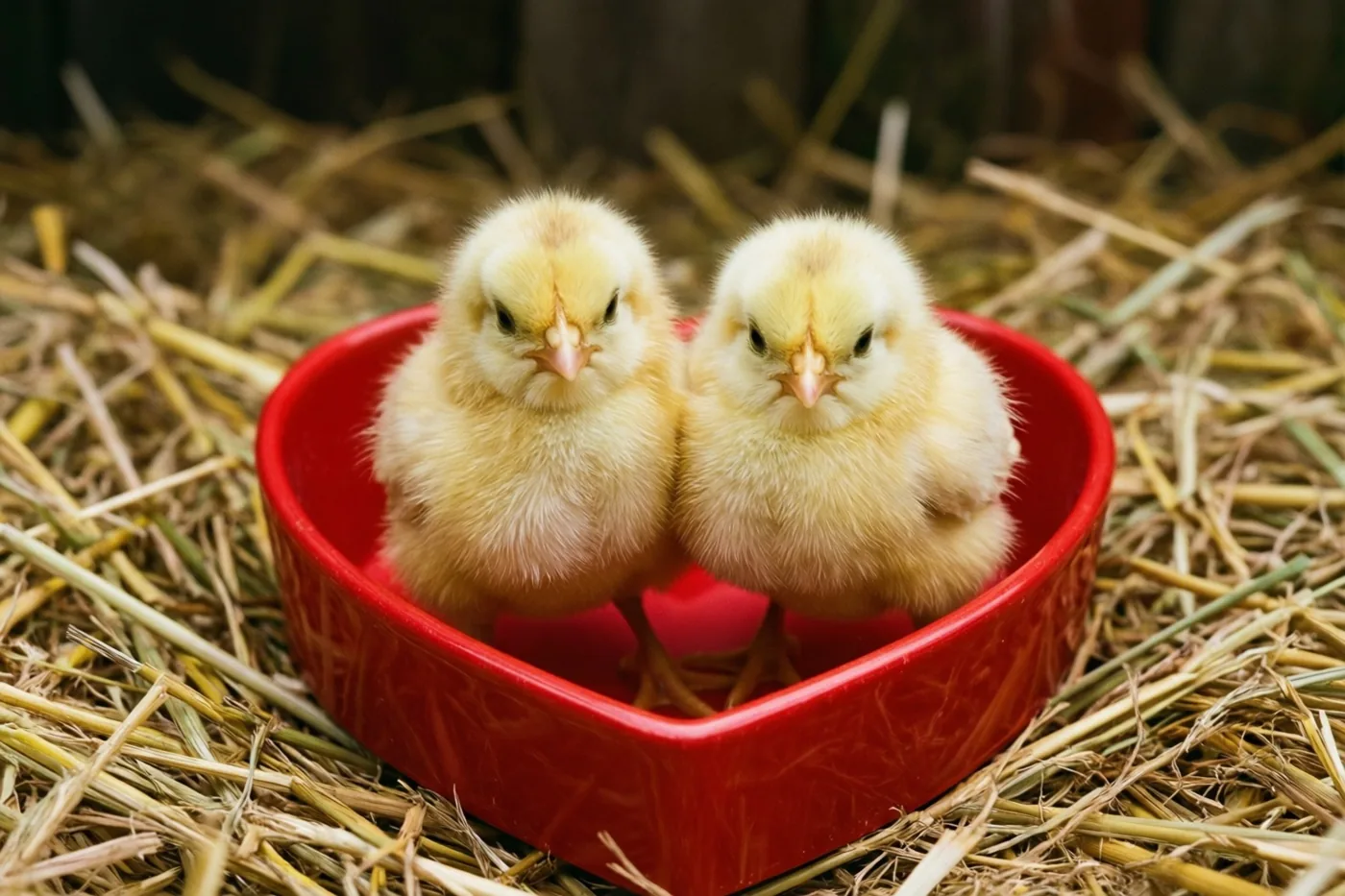 Twee donzige gele kuikentjes zitten naast elkaar in een klein rood hartvormig kommetje op een bedje van stro.