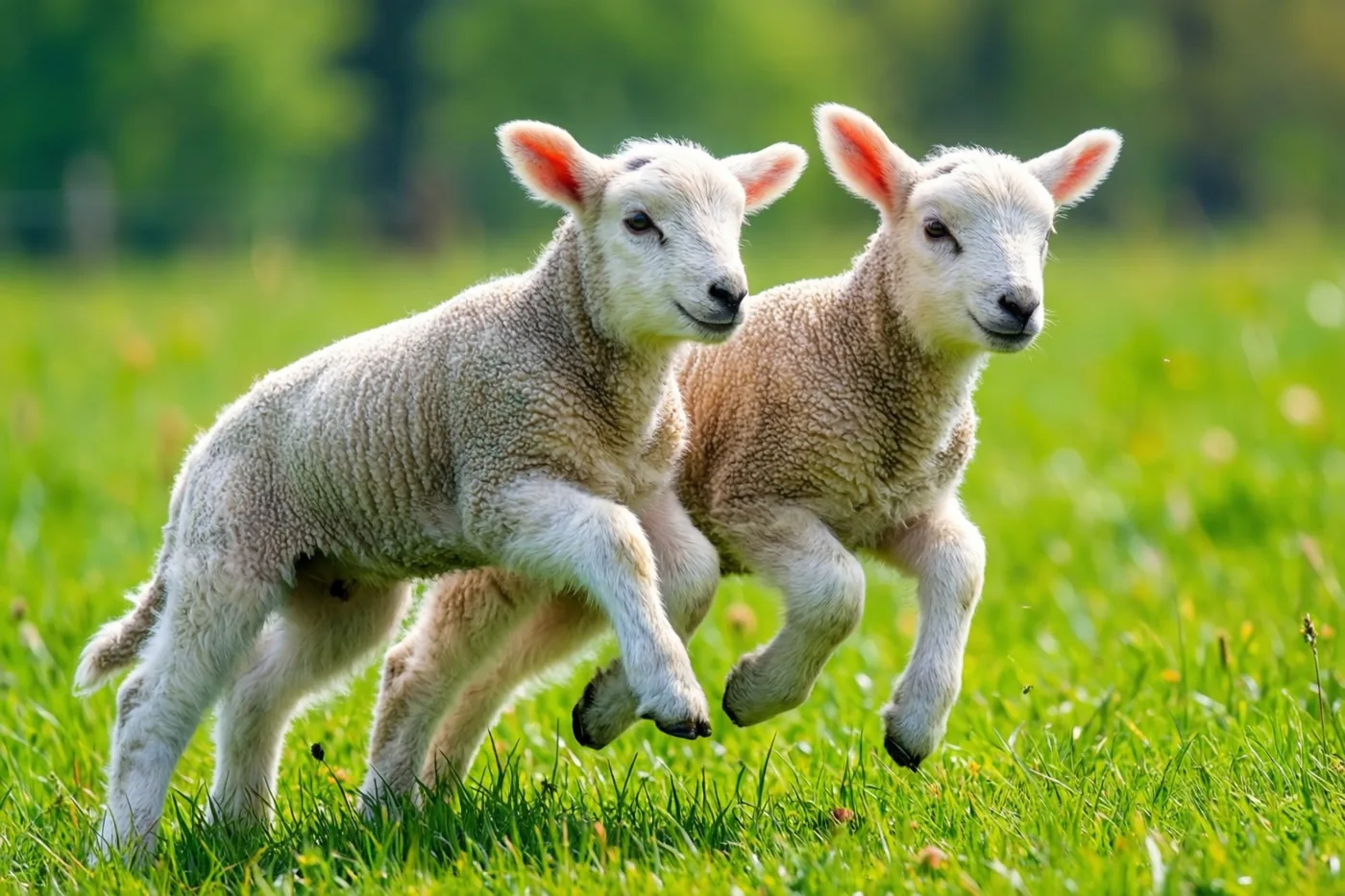 Twee jonge lammetjes springen in een felgroene weide, met hun wollige vacht belicht door zacht daglicht.