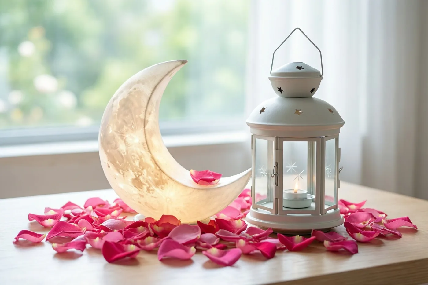 Een brandende maanlantaarn en een witte lantaarn met een brandende kaars staan op een houten tafel met roze rozenblaadjes, bij een raam.