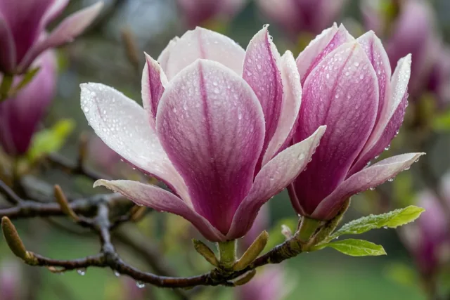 Twee magnoliabloemen met glinsterende regendruppels zijn te zien in een beeld met roze, witte en groene tinten.