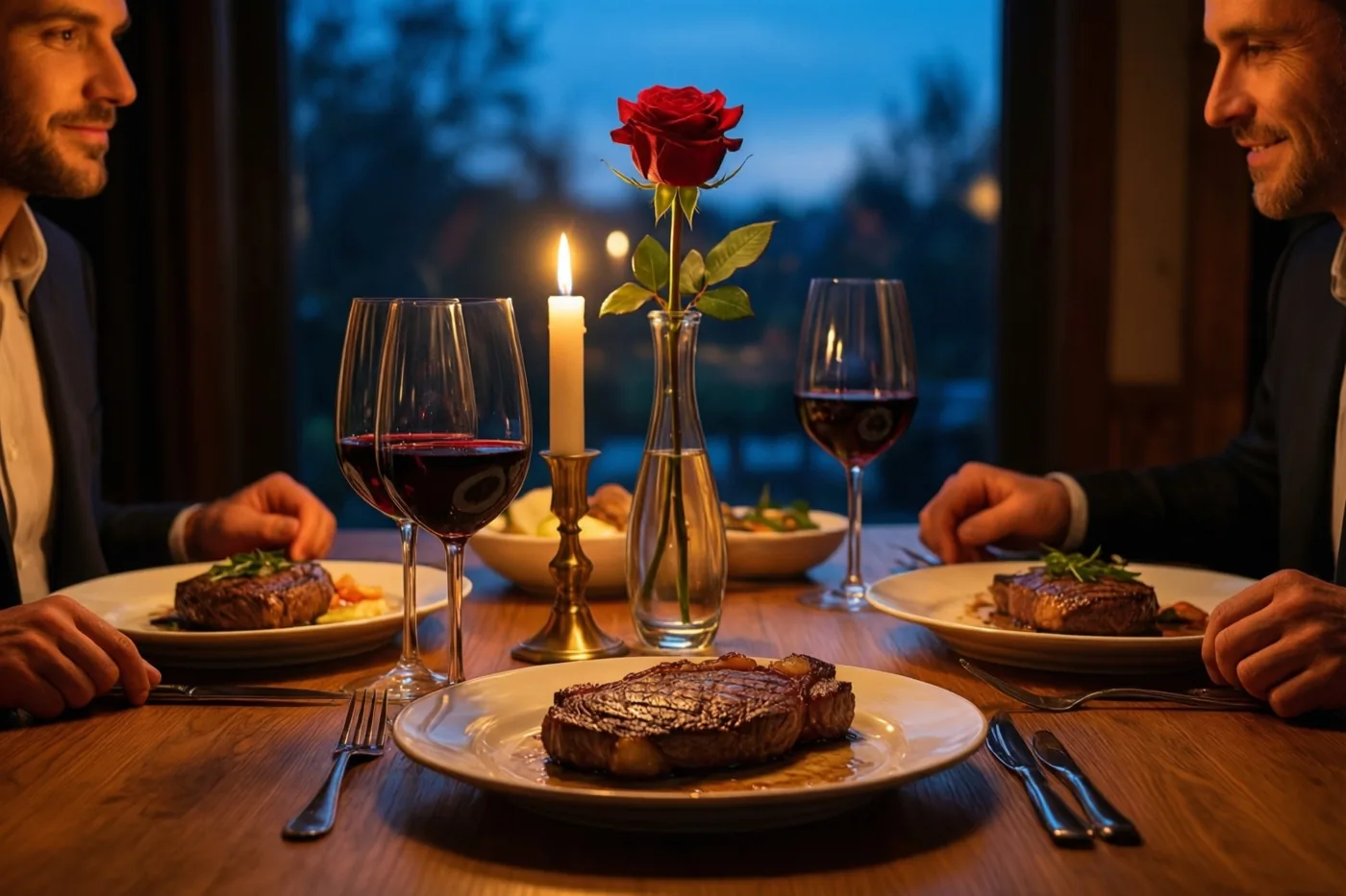 Twee mannen zitten bij kaarslicht aan een houten tafel met elk een bord steak en een glas rode wijn, naast een rode roos in een doorzichtige vaas en een raam met schemerlicht.