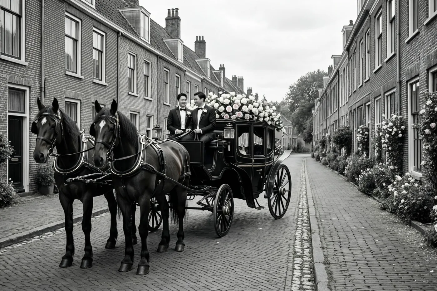 Twee mannen in smoking zitten in een zwarte koets met witte rozen, getrokken door twee zwarte paarden door een kasseistraat met bakstenen huizen, op een foto in zwart-wit.