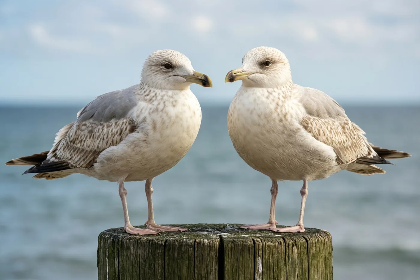 Twee meeuwen zitten naast elkaar op een verweerde houten paal, met een kalme blauwe zee en een zachte lucht op de achtergrond.