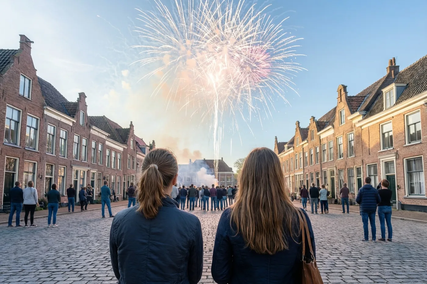 Twee mensen staan met hun rug naar de camera op een gekasseid plein en kijken naar vuurwerk boven traditionele bakstenen huizen onder een helderblauwe hemel in warm licht.