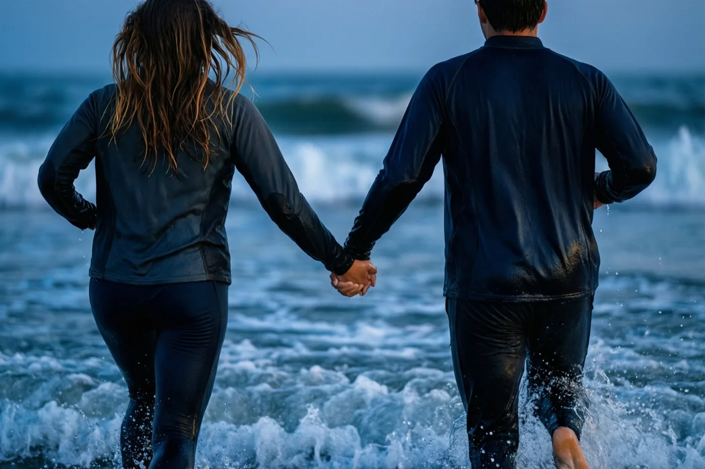Twee mensen lopen hand in hand de zeegolven in, van achteren gezien in koele blauwe tinten.