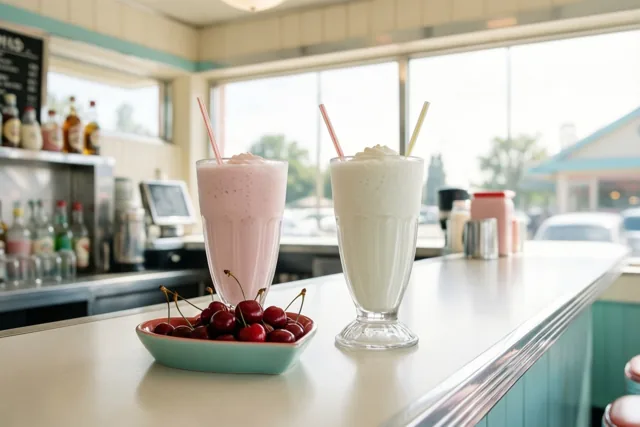 Twee milkshakes in hoge glazen met rietjes staan naast een schaal kersen op de toonbank van een vrolijk verlichte melkbar in jaren-vijftigstijl.